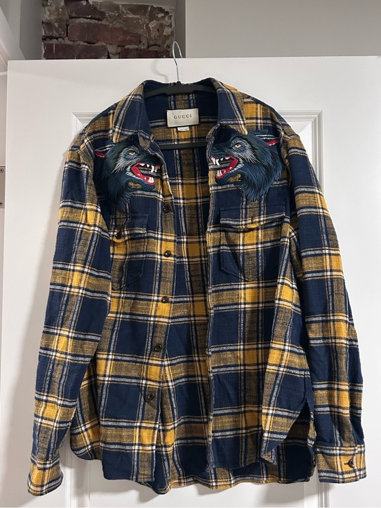 Gucci Tops - Gucci Yellow and Blue Cotton flannel shirt Wolf Embroidered